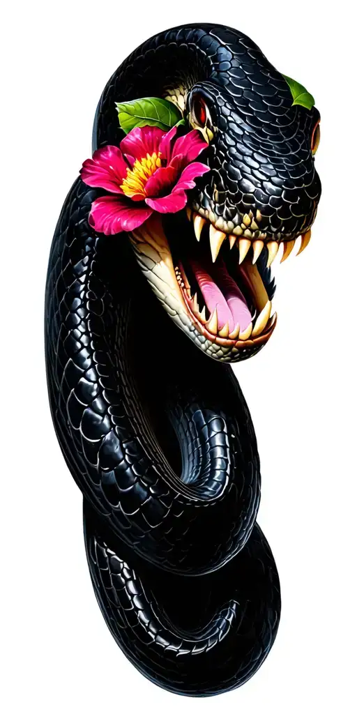 Flowers and black snake with large fangs tattoo design idea