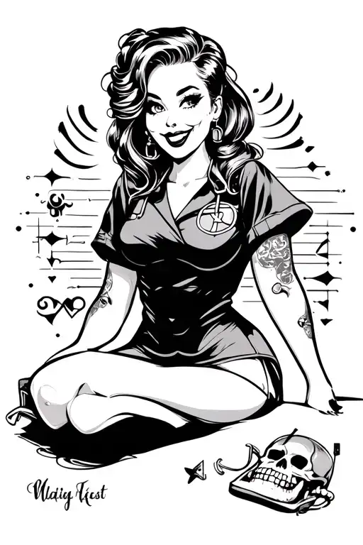 cute pinup, scrubs, medical, magnets, radio waves, smile, female, nails, messy hair, big boobs, skulls tattoo design idea