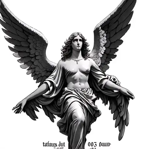 angel with wings, below it some random date with roman numbers tattoo design idea