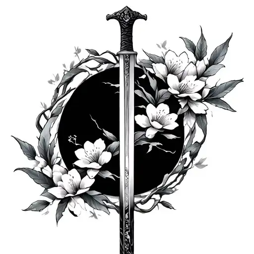 japanese chery blossom leaves around sword mulan tattoo design idea