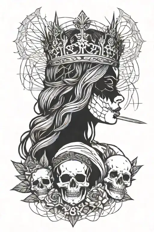 dark gothic female and skull wearing blindfold with thorn crown. geometric shaps behind. tattoo design idea
