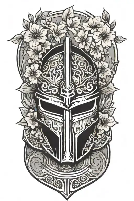Just spartan helmet with Kaizen symbol and cherry blossom behind it  tattoo design idea