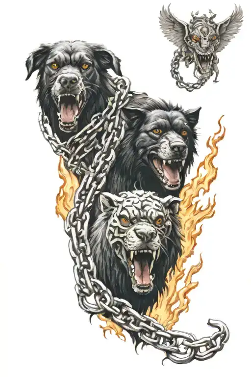 Hades, Cerberus, Chains, Flames tattoo design idea