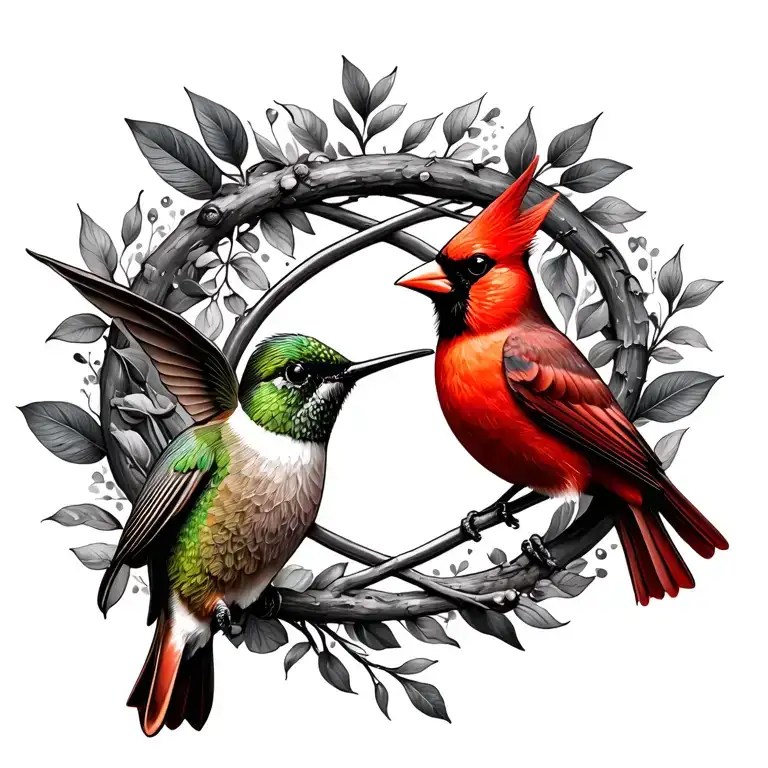 hummingbird and cardinal in infinity sign tattoo design idea