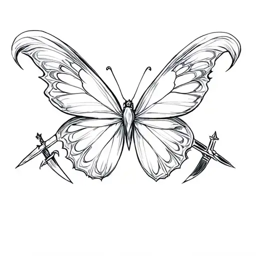 Butterfly with two swords horizontally cutting through it tattoo design idea