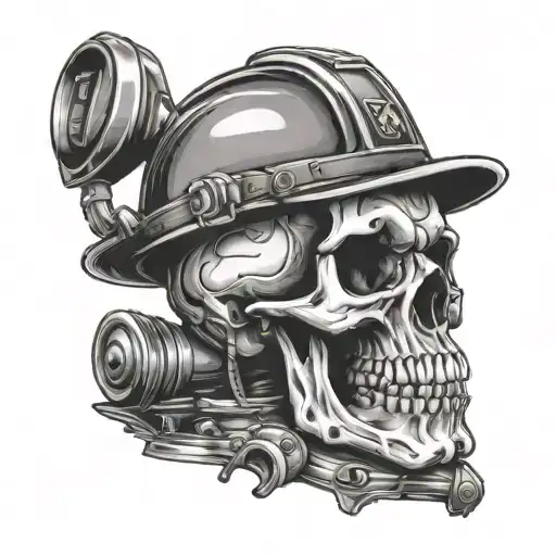 A skull wearing a hard hat with pipe benders tattoo design idea