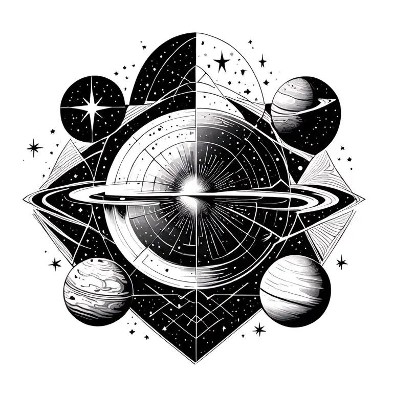 galaxy with angelic stars and planets around tattoo design idea
