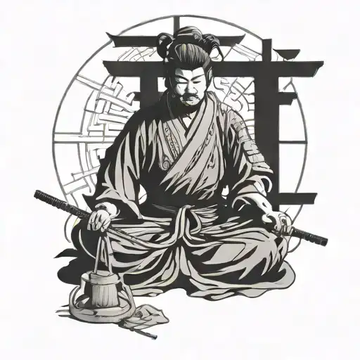samurai meditating, in seiza. in the front is a tori gate tattoo design idea