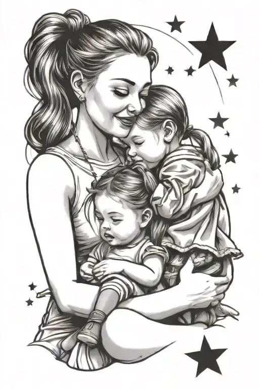 line drawing. mother and daughter sitting, daughter with pigtails. 7 stars in the sky tattoo design idea