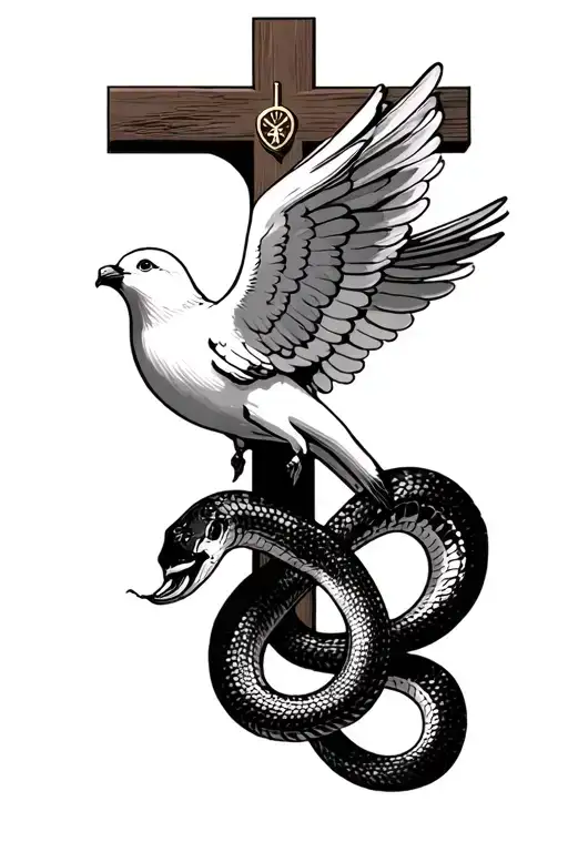dove facing backwards with wings open to resemble the top of a crucifix, then a snake holding onto the bottom crucfix tattoo design idea