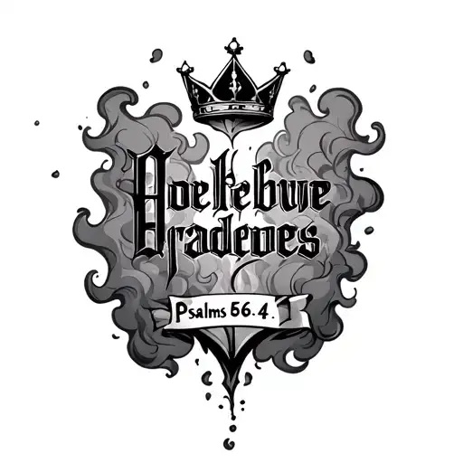 psalms 56:4 going vertical in gothic font surrounded by smoke with a crown on the top tattoo design idea
