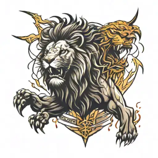 realistic black and white tattoo design. a lion roars and a warrior is under the lion. lightning strikes in the backgrou tattoo design idea