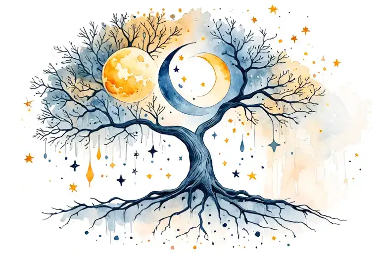 Family tree, sun, moon, stars, infinity tattoo design idea