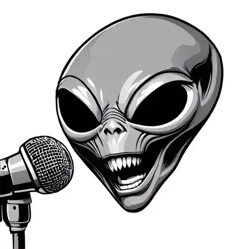 alien face singing into microphone intertwined tattoo design idea
