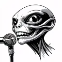 alien face singing into microphone intertwined tattoo design idea