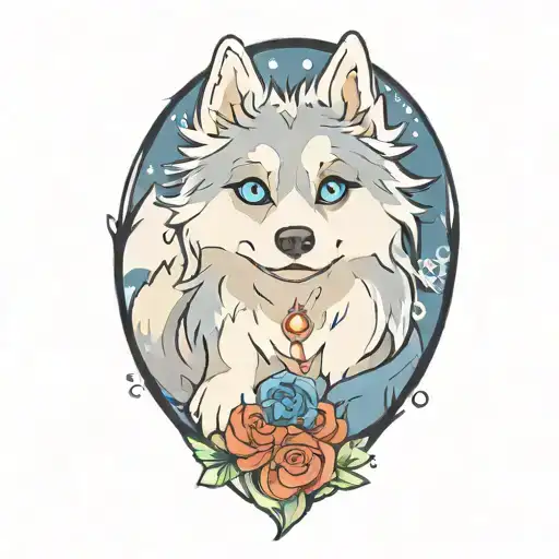 happy blue merle pomsky blue eyes surrounded tattoo design idea