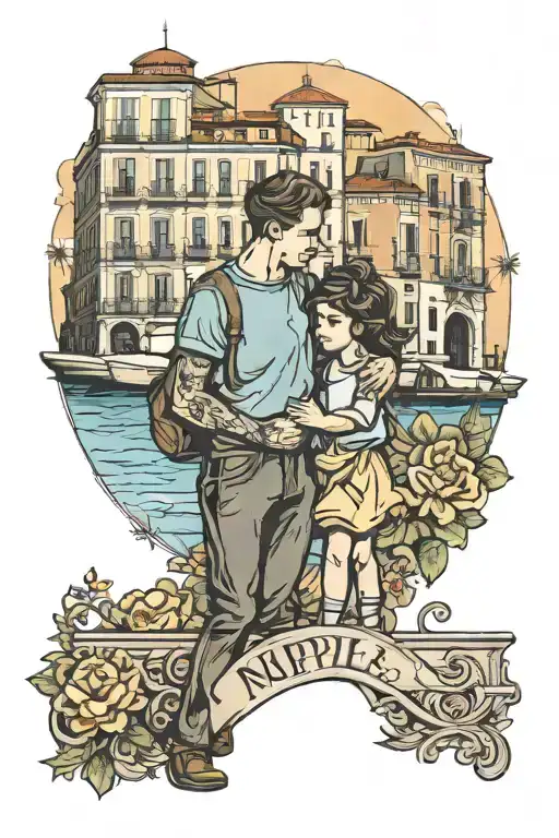 the background of naples and a couple with a child holding hands tattoo design idea