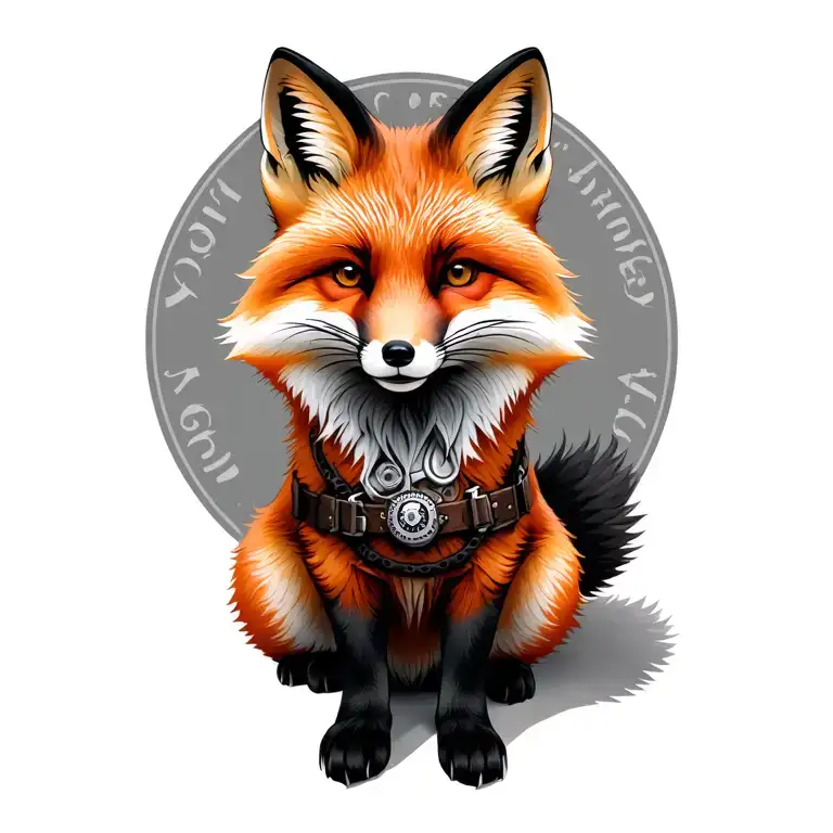 A realistic red fox sitting in a natural pose. Fully body. The fox wears a steampunk harness tattoo design idea