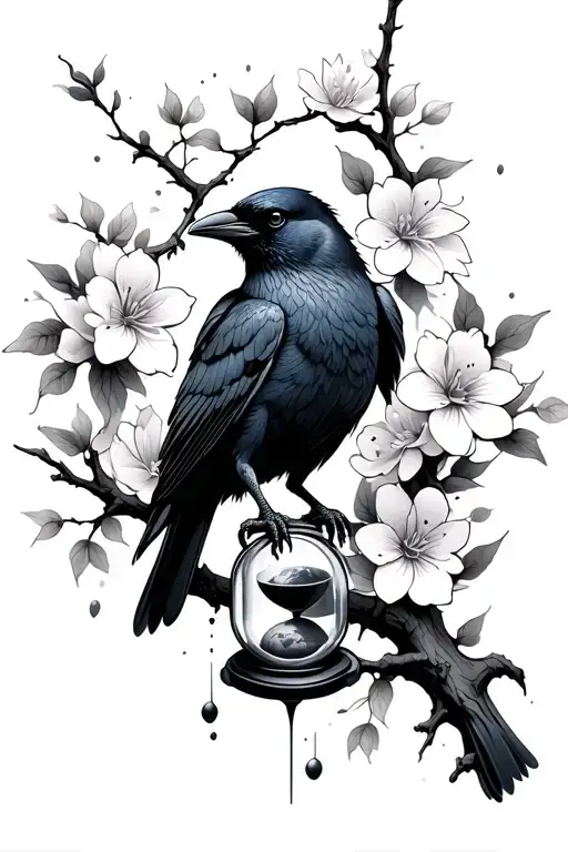 A crow on a branch with Japanese flowers.holds an hourglass whose glass has broken and the earth is spilling out tattoo design idea