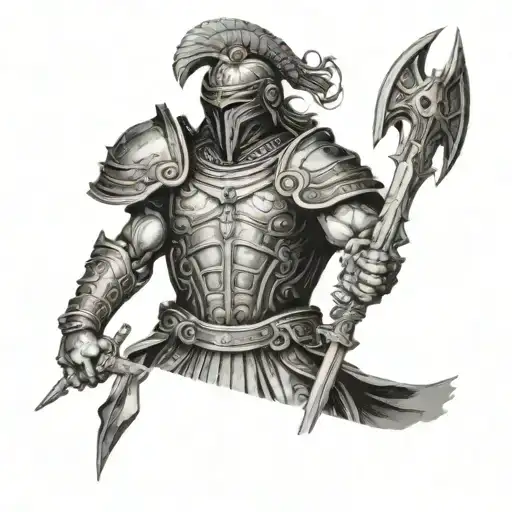 A marble statue of a warrior with intricate armor and weaponry, set against a backdrop of Roman architecture tattoo design idea