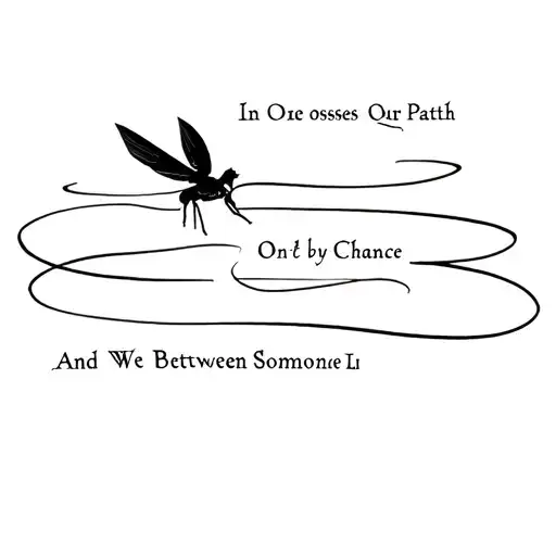 Libelula with continuous lines and the phrase in One Crosses Our Path by Chance, and We Dont between Somones Li tattoo design idea