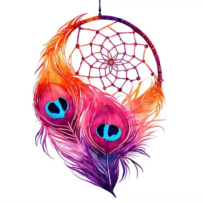 dream catcher with vibrant peacock feathers, timeless, classic, classy, flowing tattoo design idea