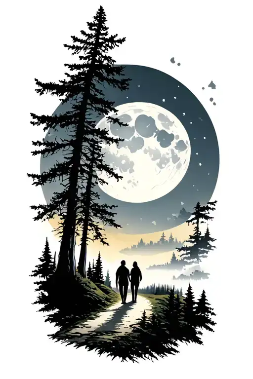 Forest with a road with a couple in love on a moon night tattoo design idea