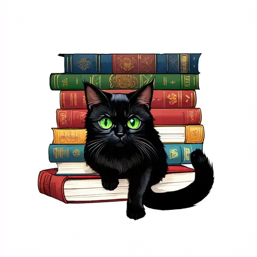black cat green eyes full body sitting over 5 books tattoo design idea