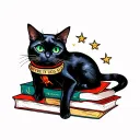 black cat green eyes full body sitting over 5 books tattoo design idea