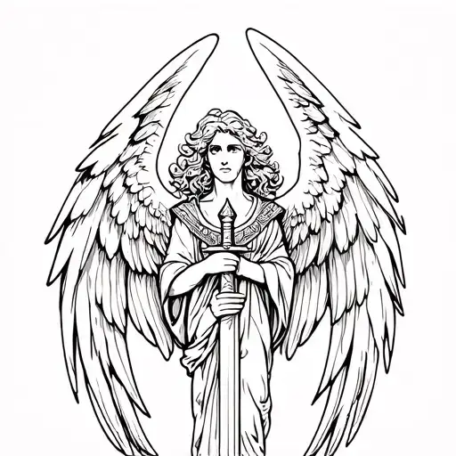 Archangel michael, big wings, wavy hair, symmetrical, sword in hand tattoo design idea