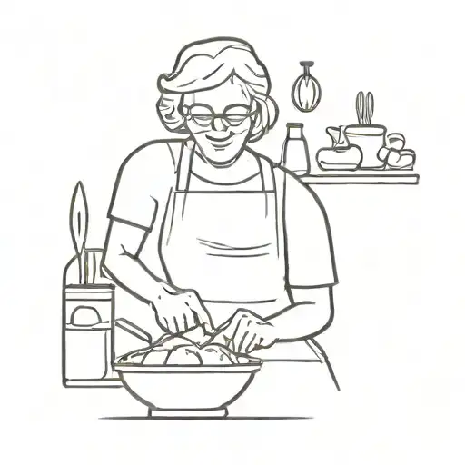 A minimalist tattoo of a grandmother baking with her family tattoo design idea