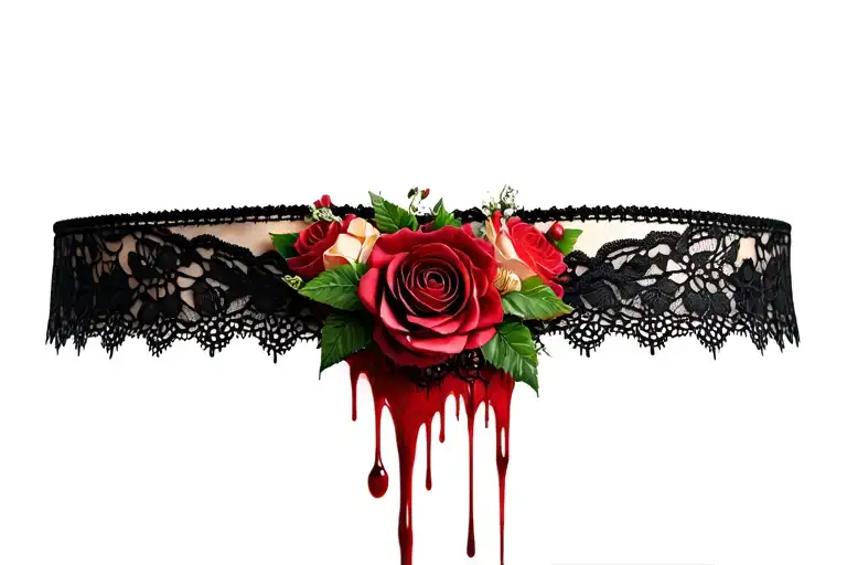 woman's lace choker dripping blood and adorned with roses and flowers  tattoo design idea
