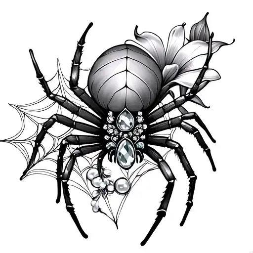 gothic spider with gems and pearls with a Lillie flower and some cobwebs tattoo design idea