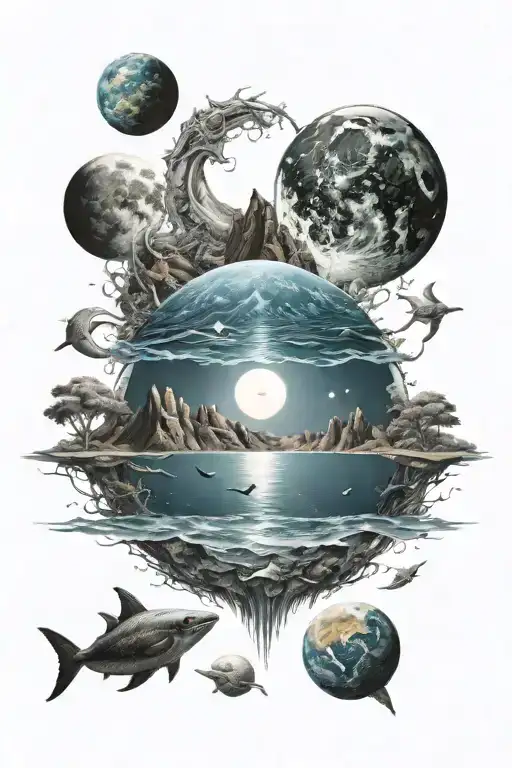 deep ocean with animals to beach to mountains to earth atmosphere to space and moon tattoo design idea