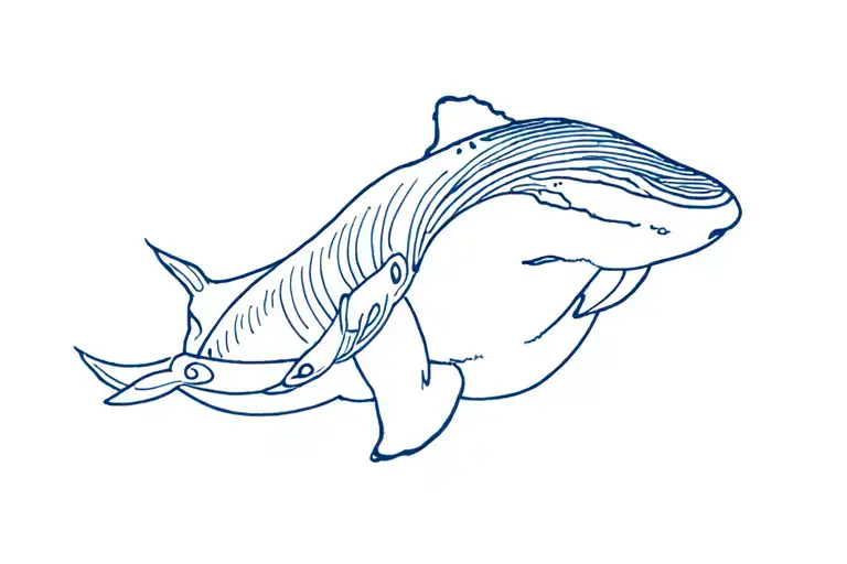 Blue ink, japanese elegant line art inspired complete wristband tattoo with humpback whale tattoo design idea