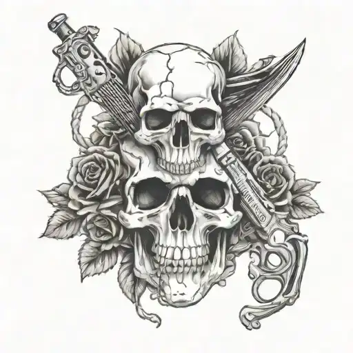 Book tatttoo bound in ropes, dark romance vibe, skull, rose, gun, knife, fantasy tattoo design idea