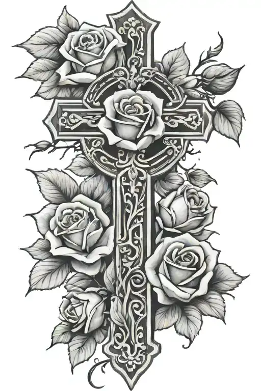 cross with roses tattoo design idea