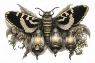 inverted Death's-head Hawkmoth with a lantern and  Buzzards flying  tattoo design idea
