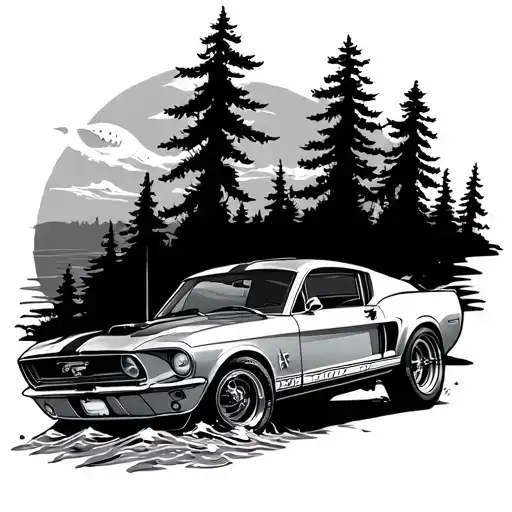 sleeve tattoo design featuring a 1967 mustang driving with salt water fish and pine trees  tattoo design idea
