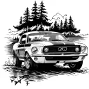 sleeve tattoo design featuring a 1967 mustang driving with salt water fish and pine trees  tattoo design idea