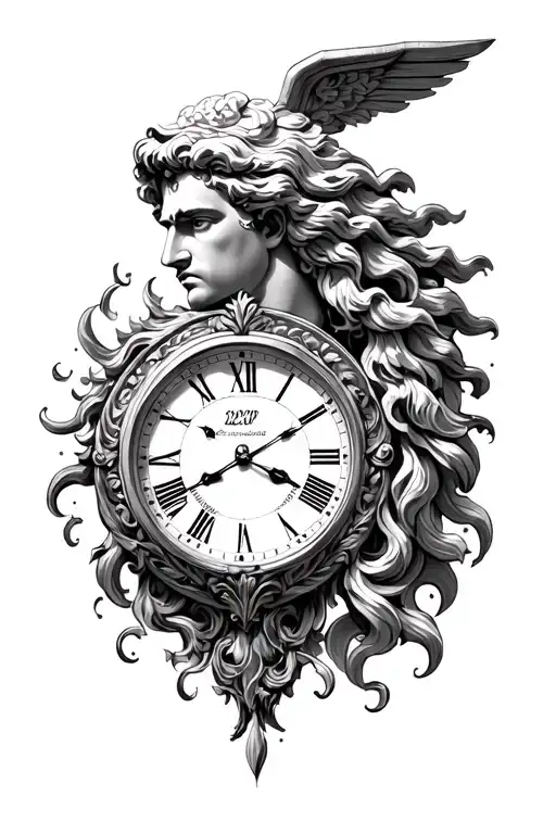 realism zeus with versace pattern a clock with 2:29 on the time  tattoo design idea