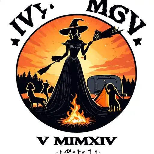 "IV V MMXIV" "IV V MMXIV" silhouette of busty sexy witch bride on broomstick over a campsite with a trailer and campfire with children & dog tattoo design idea