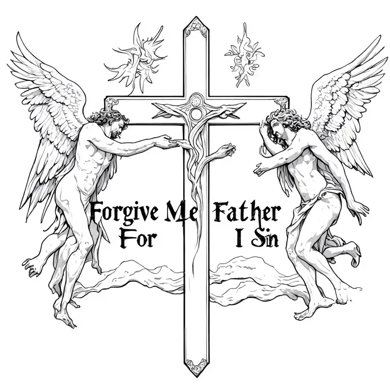 A cross in the middle with angels on one side and demons on the other with the phrase "Forgive Me Father For I Sin"  tattoo design idea