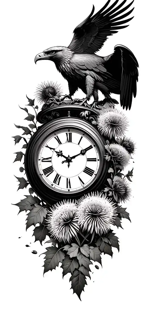 clock surrounded by scottish thistles and ivy, with a golden eagle, dark skies tattoo design idea