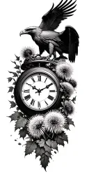 clock surrounded by scottish thistles and ivy, with a golden eagle, dark skies tattoo design idea