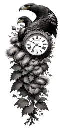 clock surrounded by scottish thistles and ivy, with a golden eagle, dark skies tattoo design idea