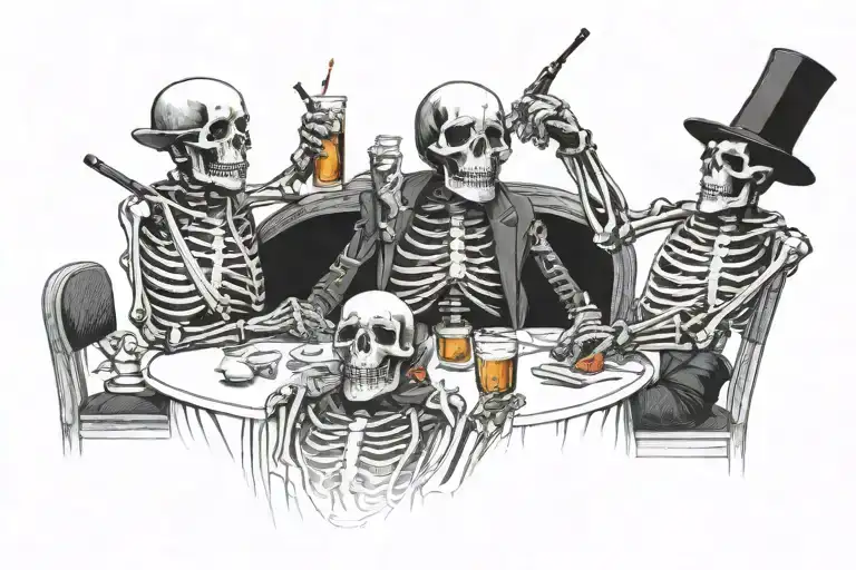 Skeleton smoking a cigar playing poker with the devil dealing the cards with beer sitting on the table tattoo design idea