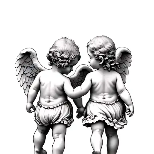 two baby angel statues one boy one girl the boy slightly taller with their backs turned walking away holding hands tattoo design idea