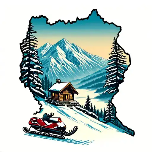 snow covered miuntains in the shape of a skiddo summit snowmobile with a cabin in the valley tattoo design idea