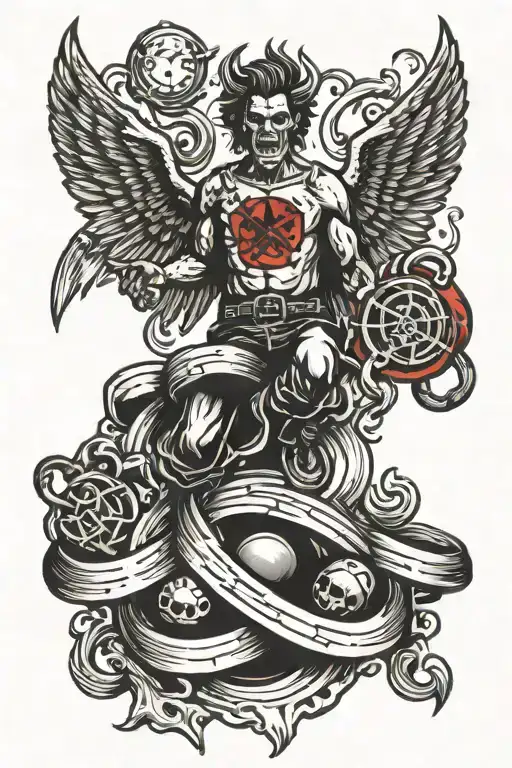 social distortion logo with devil and angel flying, Clouds and fire, ball and chain tattoo design idea